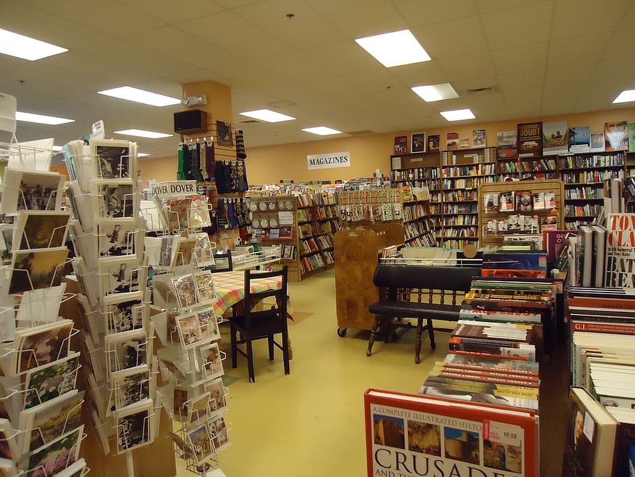 bookstore, books, display, shop, store, shelves, bookshop, merchandise, cards, postcards